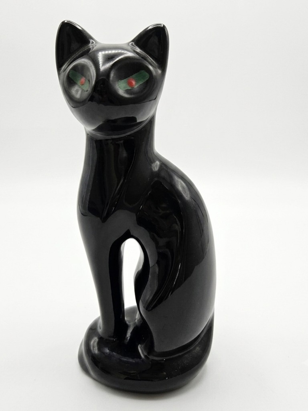 Vintage Mid Century Black Ceramic Cat Figurine Green Eyes